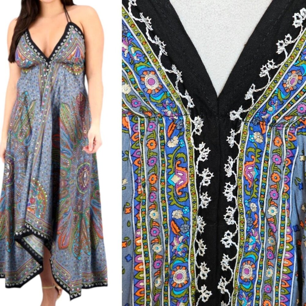 Womens Halter Hankerchief Dress Boho Assymetrical Hem Embroidered Fits M-XL